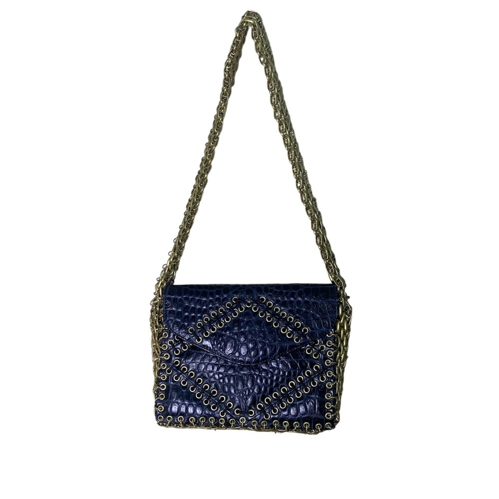 Tory Burch Shoulder Bag Womens Small Navy Croc Embossed Chainmail Gusset Runway